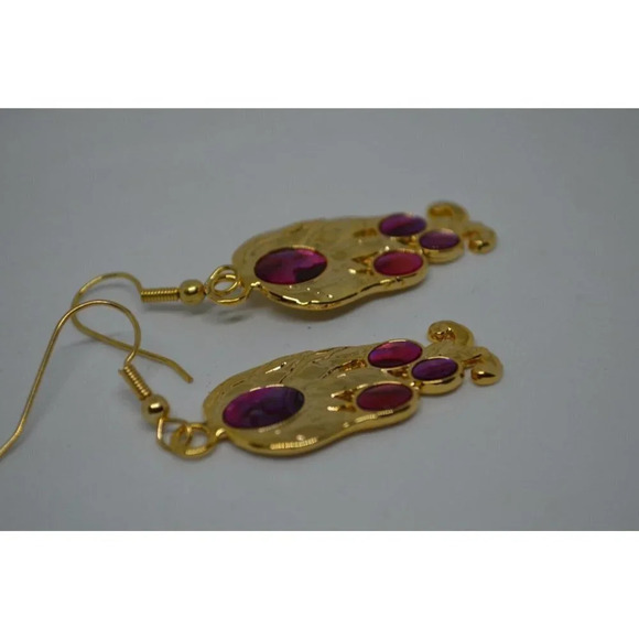 Fuschia Dangle Hook Earrings Abalone Accents Eclectic Abstract Stylized Floral - Picture 5 of 6